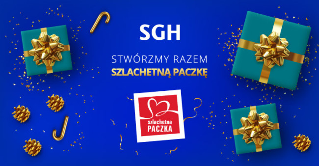 grafika z napisem Stwórzmy razem Szlachetną Paczkę i logotypami SGH i Szlachetnej Paczki